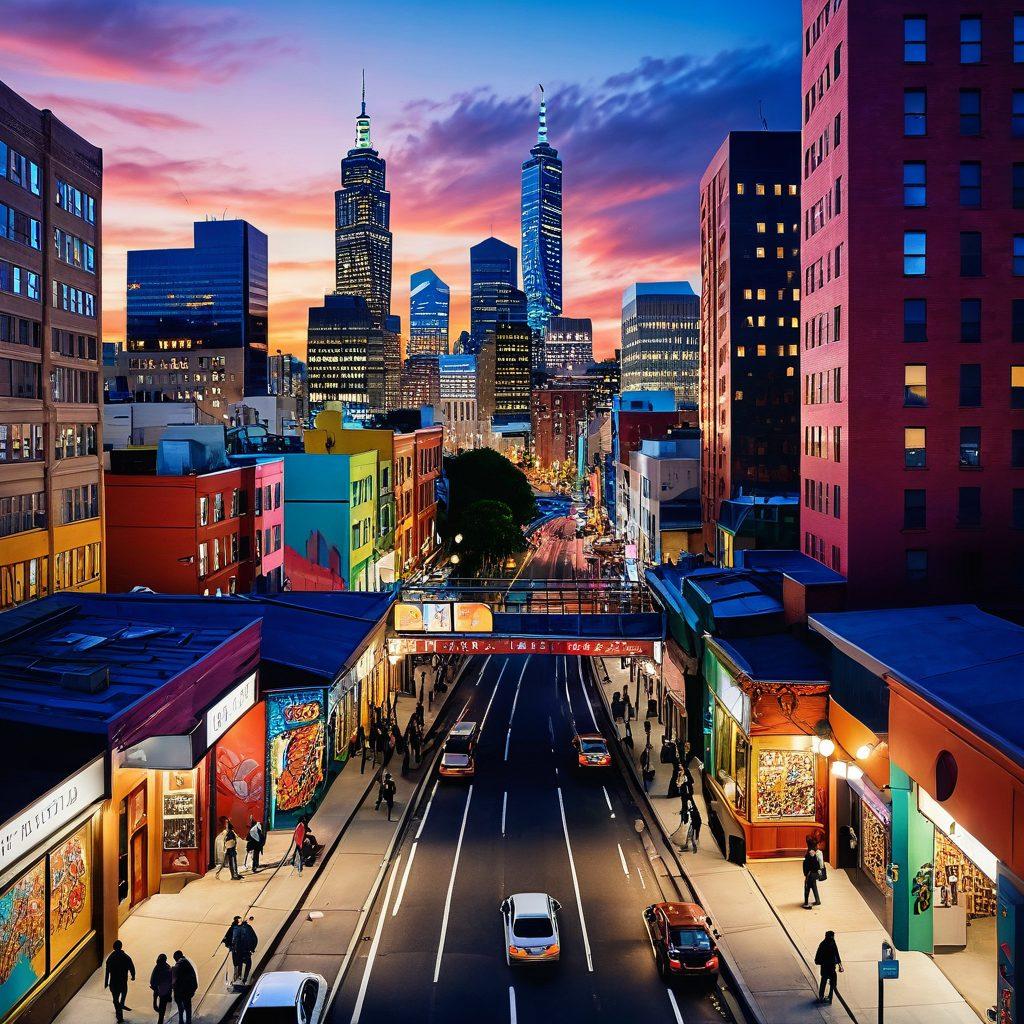 A dynamic urban landscape filled with diverse people giving thumbs up, capturing the essence of engagement and storytelling. The city skyline features vibrant murals and art installations, showcasing a variety of cultures and narratives intertwined in the architecture. Bright colors, playful perspectives, and energetic scenes invite the viewer into the heart of urban life. super-realistic. vibrant colors. 3D.