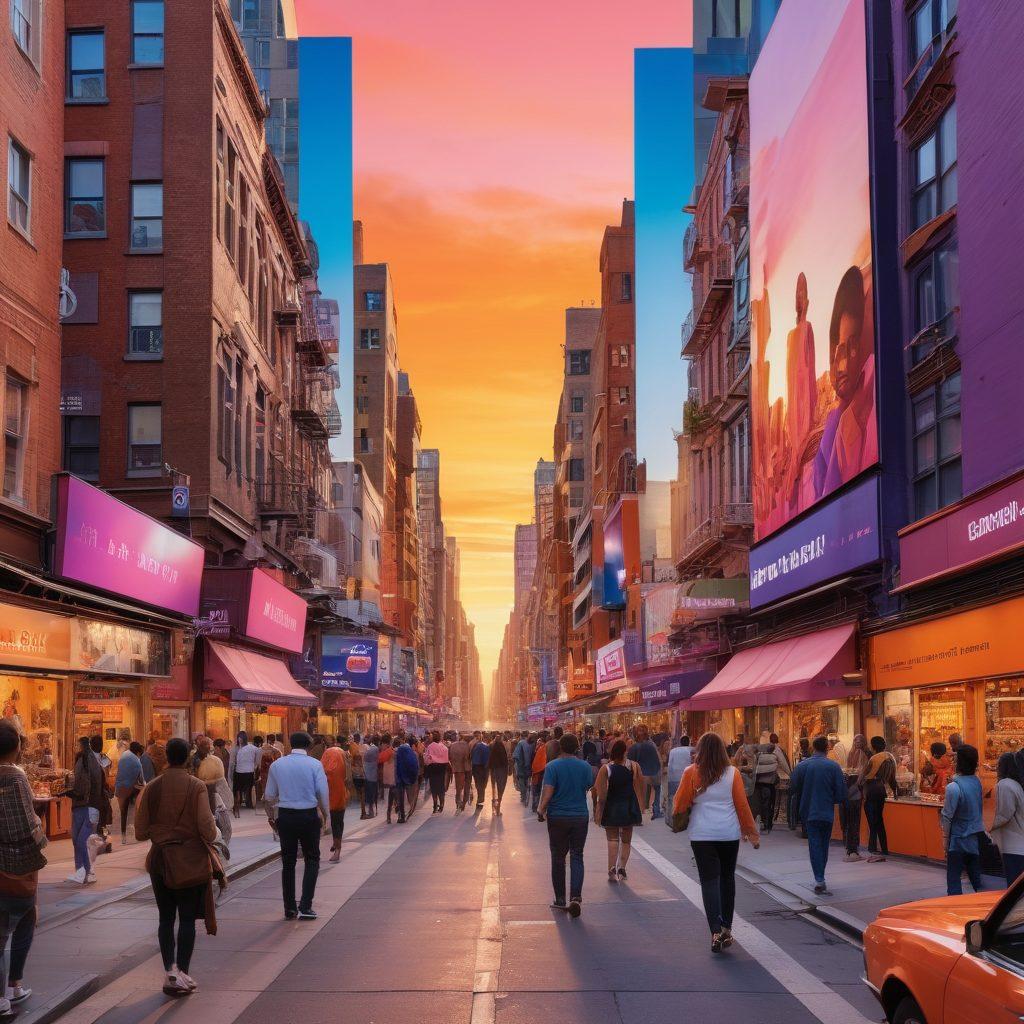 A vibrant street scene capturing diverse people engaging in daily life, with a mix of candid moments and posed photos on display. Include an artistically arranged collage of these photos as overlapping frames in the foreground. The city skyline should be visible in the background, illuminated by sunset colors. A sense of community and connection should be palpable in the atmosphere. super-realistic. vibrant colors. 3D.