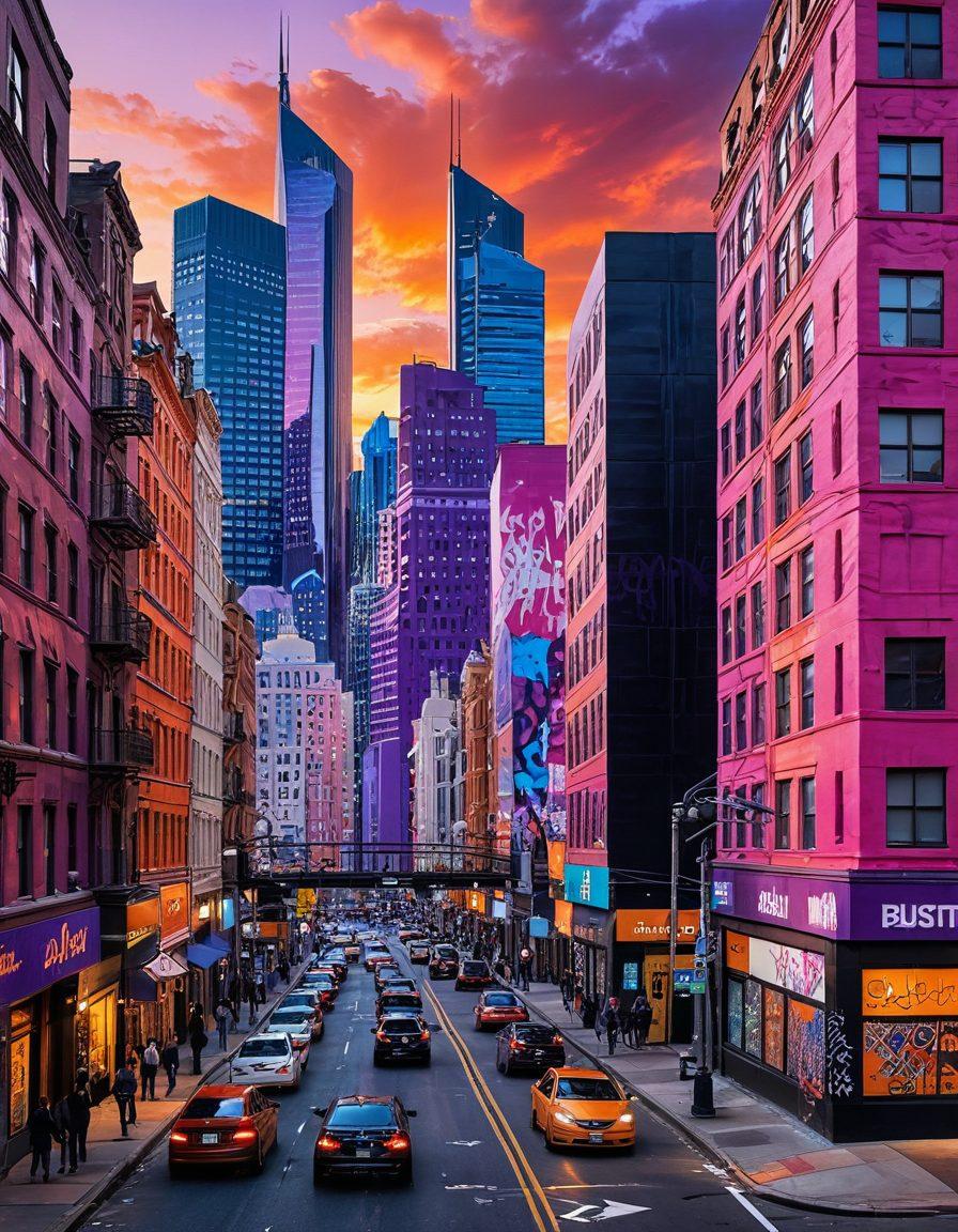 A dynamic cityscape with a blend of modern skyscrapers and historic architecture, bustling streets filled with diverse people taking thumbs-up photos. Incorporate vibrant graffiti art on walls, showcasing the urban canvas. Include a sunset sky casting warm colors over the scene, creating an inviting atmosphere. super-realistic. vibrant colors.